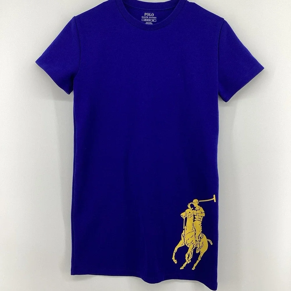 Girls Polo Ralph Lauren Short Sleeve Big Pony Cotton Dress- Blue- Large (14/16)